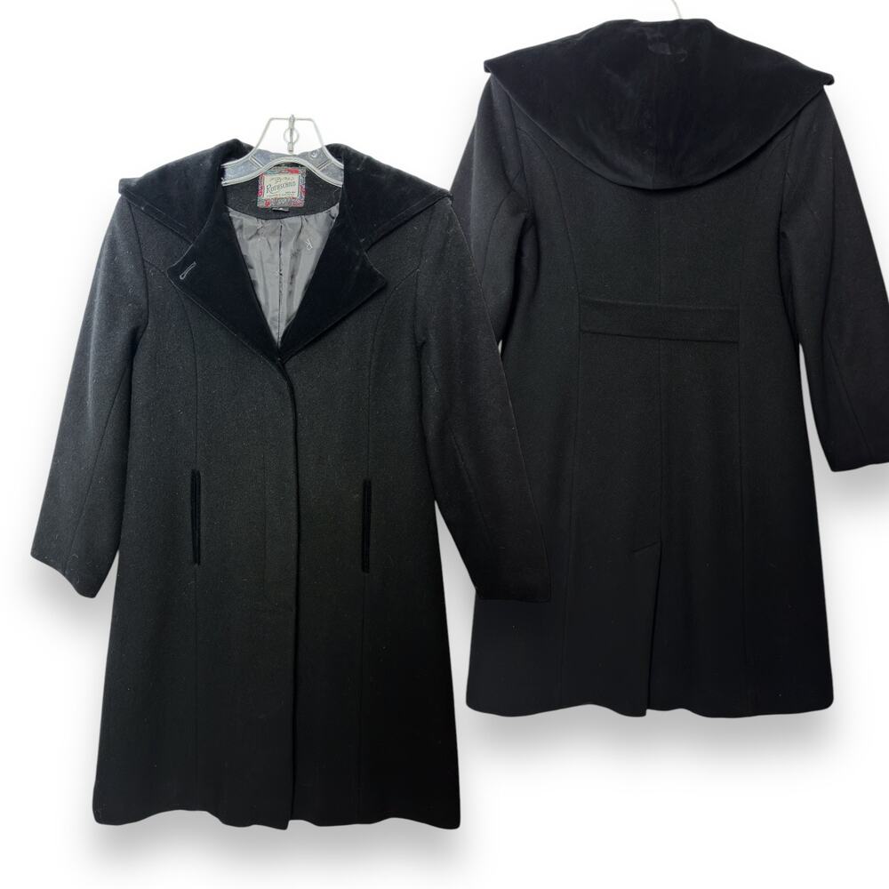 Vintage Wool Hooded Princess Coat Rothschild Girls 12 Black Velvet Trim Goth